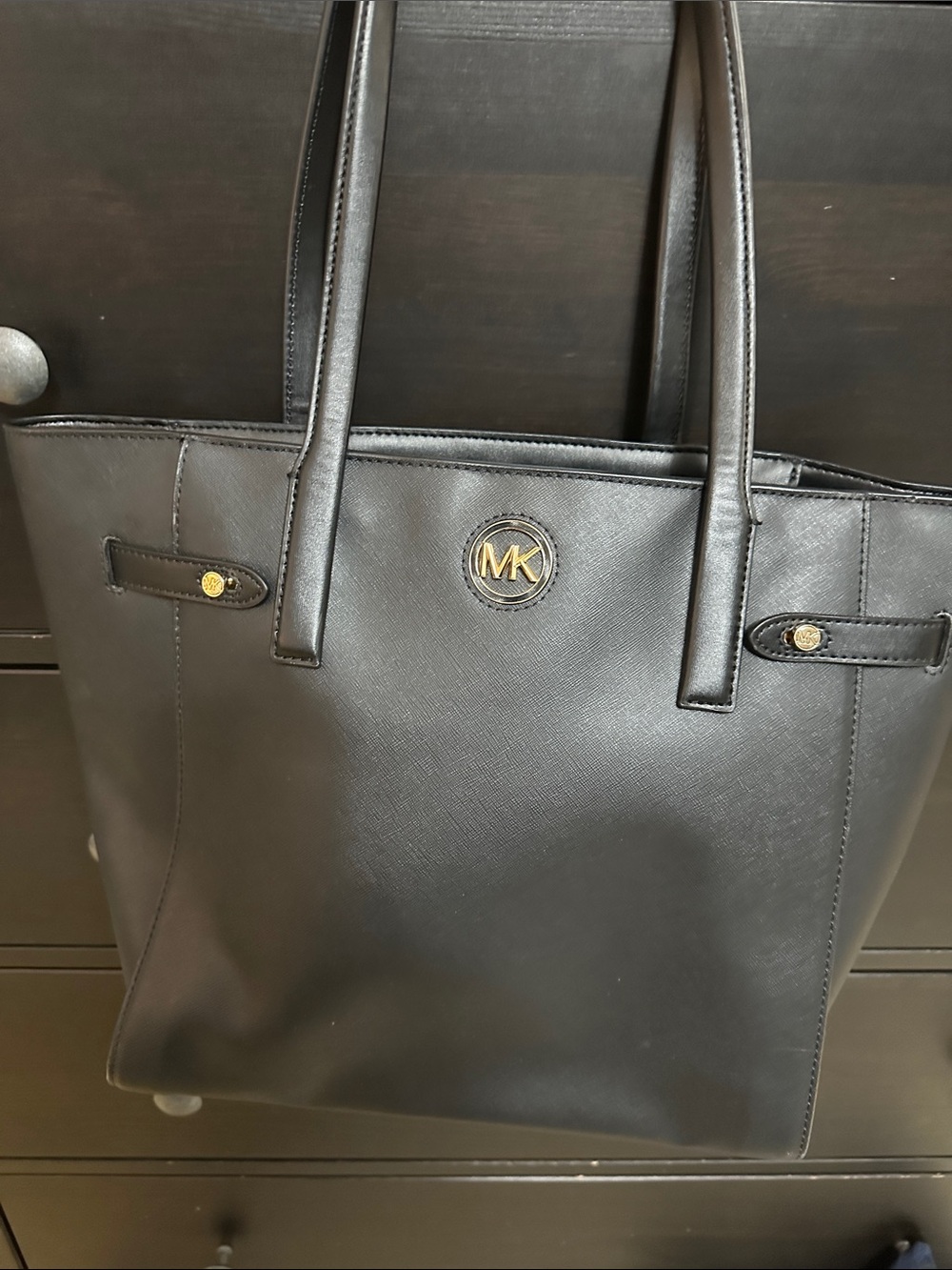 Michael Kors Black Saffiano Tote with Gold MK Emblem